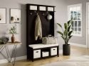 An elegant espresso entryway hall tree with a featuring chic coat and hat hoots, shoe and bin cubbies for ample storage solutions.