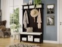 A cozy entryway with an espresso wooden hall tree bench featuring storage bins, clothes and hats hanging from storage hooks providing a warm and inviting atmosphere.