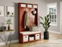 An elegant red mahogany entryway hall tree with a featuring chic coat and hat hoots, shoe and bin cubbies for ample storage solutions.