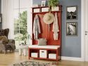 A cozy entryway with a wooden hall tree bench featuring storage bins, clothes and hats hanging from storage hooks providing a warm and inviting atmosphere.