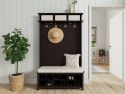 An elegant espresso entryway hall tree with a featuring chic coat and hat hoots, shoe and bin cubbies for ample storage solutions.