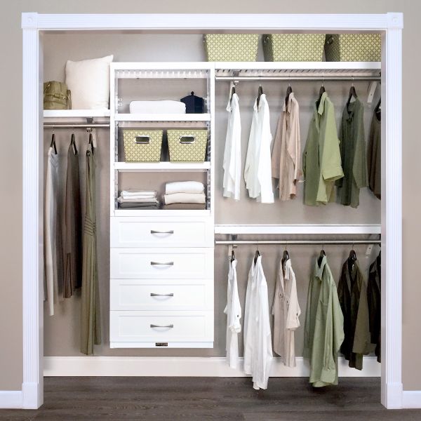Woodcrest White Premier Closet Organizer with 4 drawers l John Louis Home