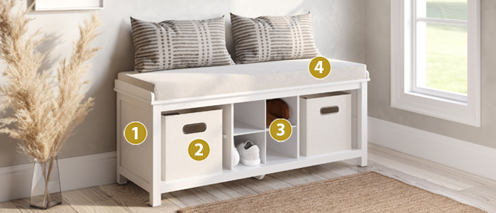 John Louis Home solid wood storage bench with numbered features highlighting specific detailing