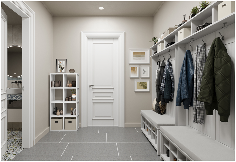 A entryway featuring hall trees on a wall with shoe storage, coats, hats and scarves organized.