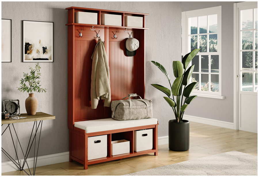 A hallway with a wooden hall tree bench with hooks for hanging clothes and scarves. 