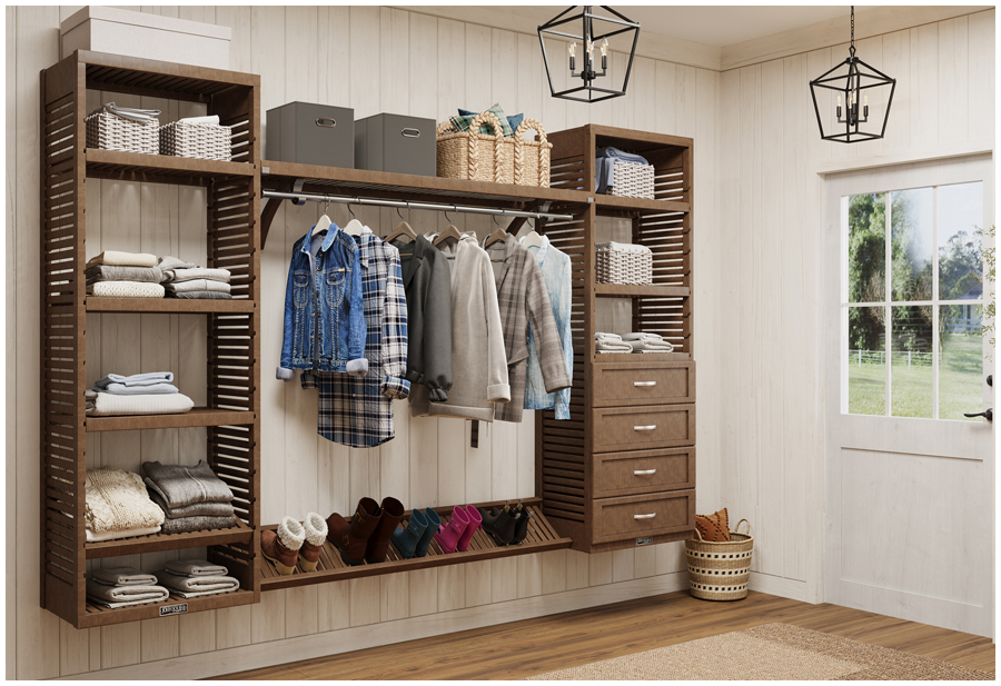 A coountry chic entryway with two John louis Home nicely organized storage towers holding clothes and jackets connected by shelves holding shoes and storage bins