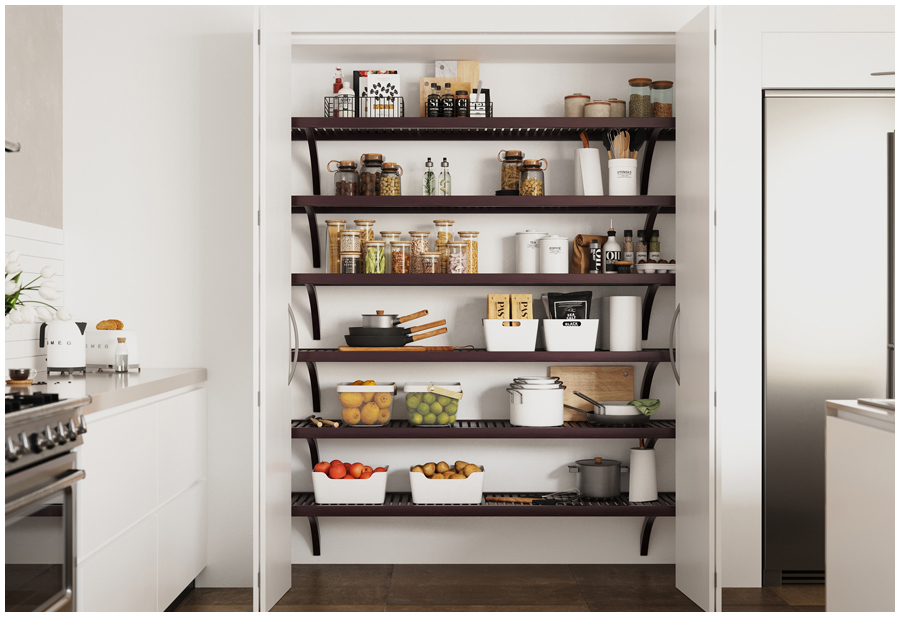 A close-up view of a kitchen pantry interior. John Louis Home solid wood shelves hold an assortment of canned goods, packaged foods, cookware, and utensils.