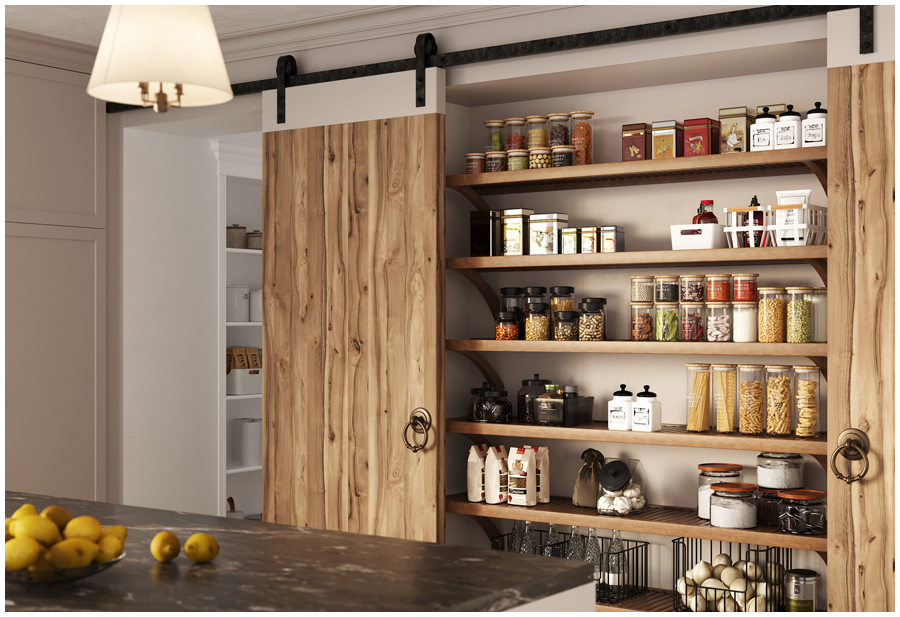 A kitchen pantry with a sliding barn door made of wood. The pantry shelves are solid wood john louis home shelves filled with food and spice containers.