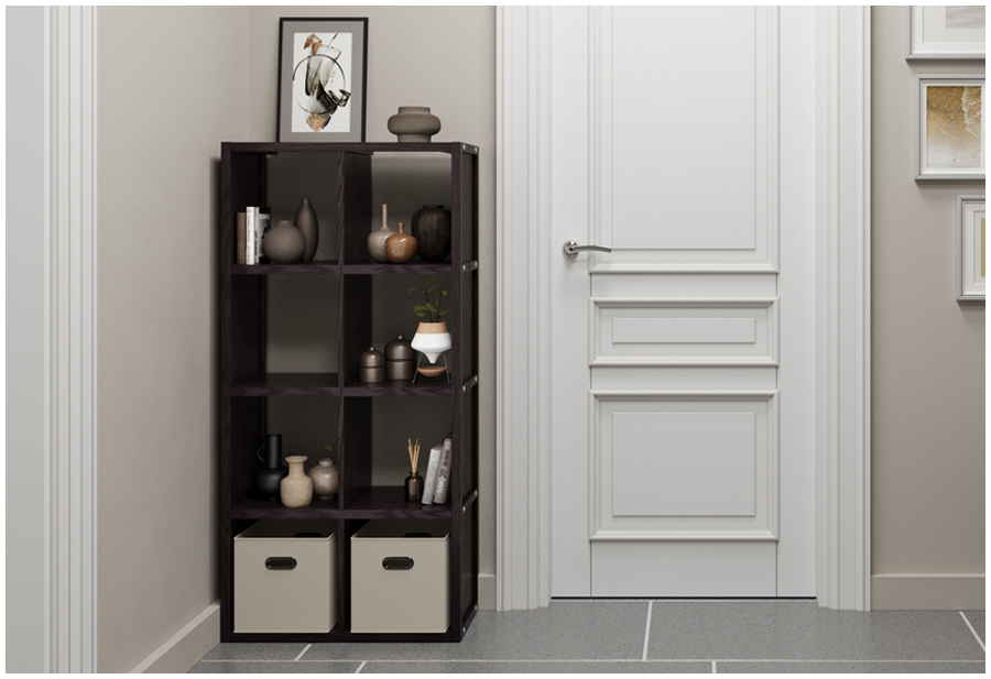 Image of a tall cube storage unit shelf with decorative items in a mudroom entryway.