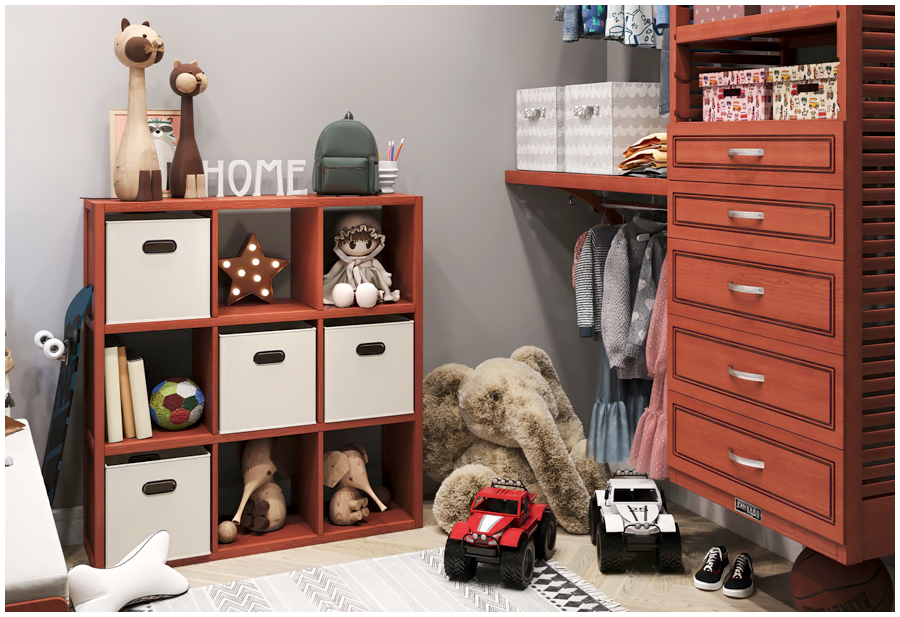 Image of a child's bedroom closet with a wooden cube storage unit. The unit has four rows of three cubes each.