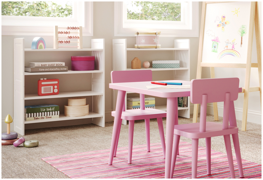 Image of a child’s playroom with a wooden stackable shelving storage unit displaying neatly organized toys and games