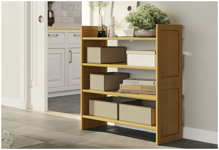 Image of a solid wood shelving bookcase against a wall in a hallway