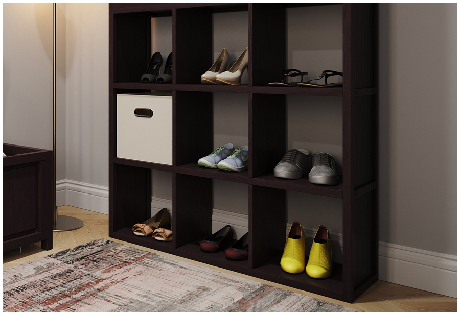 Image of a stack of storage cubes displaying shoes and fabric bins