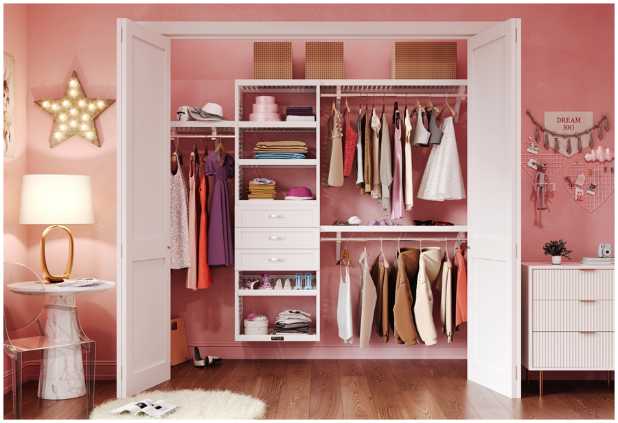 A contemporary teen girls room showcasing a well organized white John Louis Home closet syetem with drawers