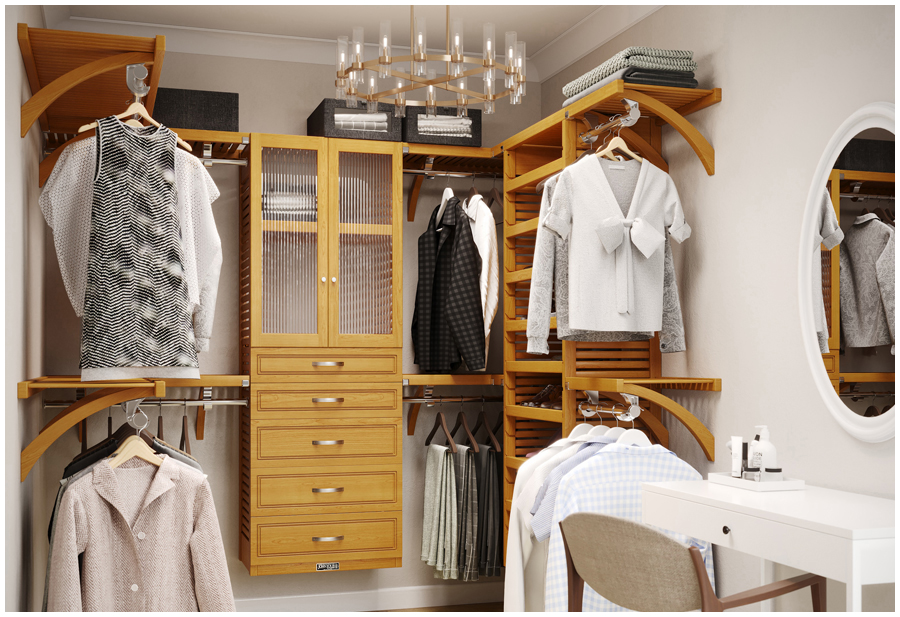 A walk-in closet with a John Louis Home 5-drawer closet organizer system. The organizer has drawers in various sizes and a dressing table. Clothes are hanging on racks and folded on shelves throughout the closet.