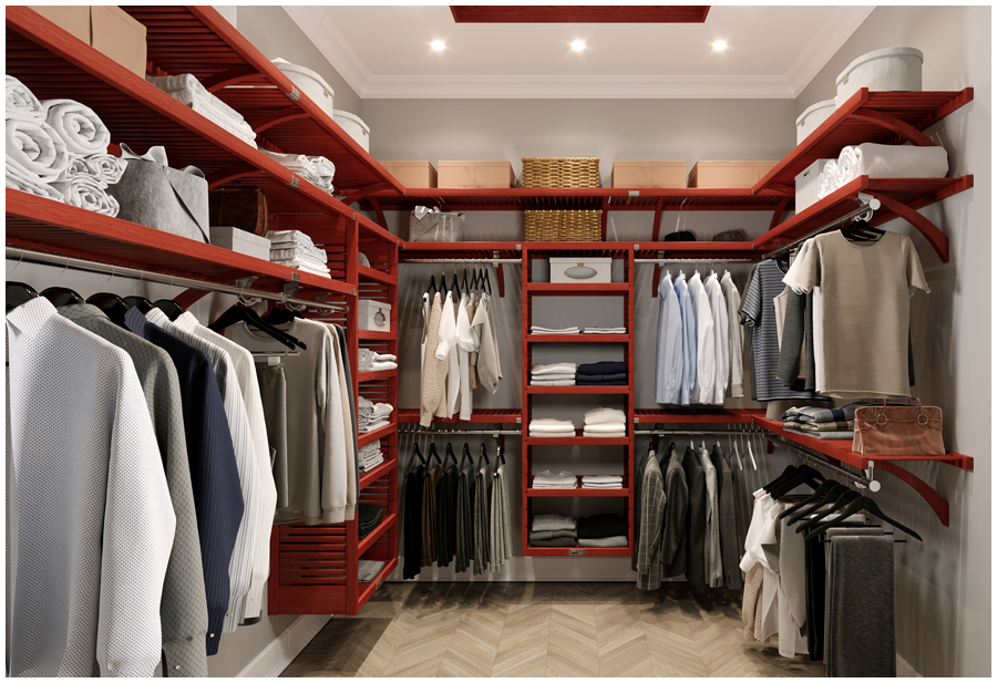 A well-organized walk-in closet with shelves and clothing racks. Shoes are stored on a rack in the corner of the closet.