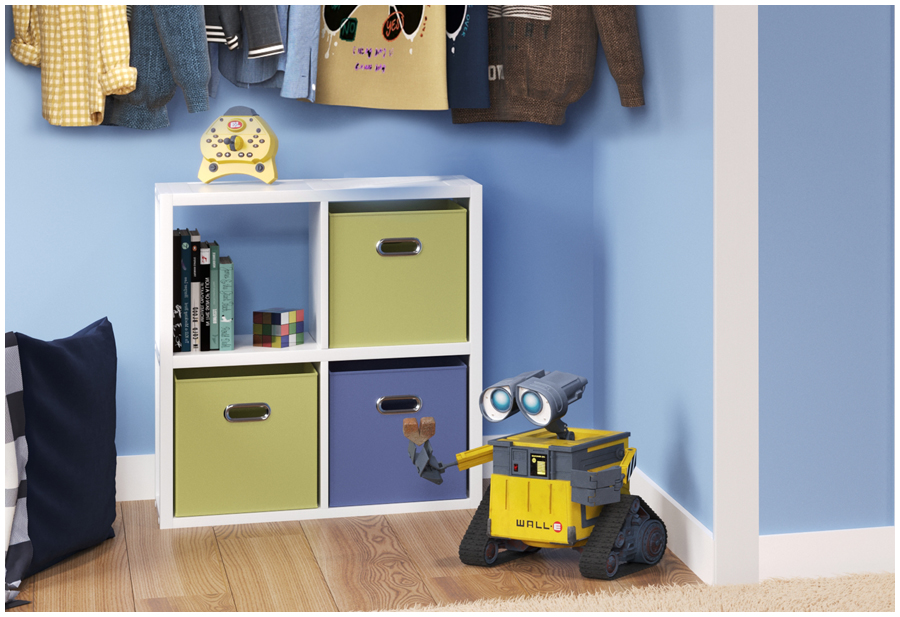 Image of a 4 cube storage unit in a children's closet with bins and toys neatly organized