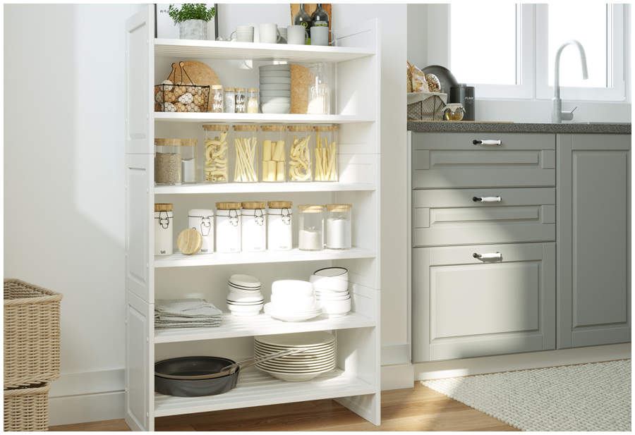 Image of a stackable shelving unit neatly organizing spices, cookbooks and more against a kitchen wall