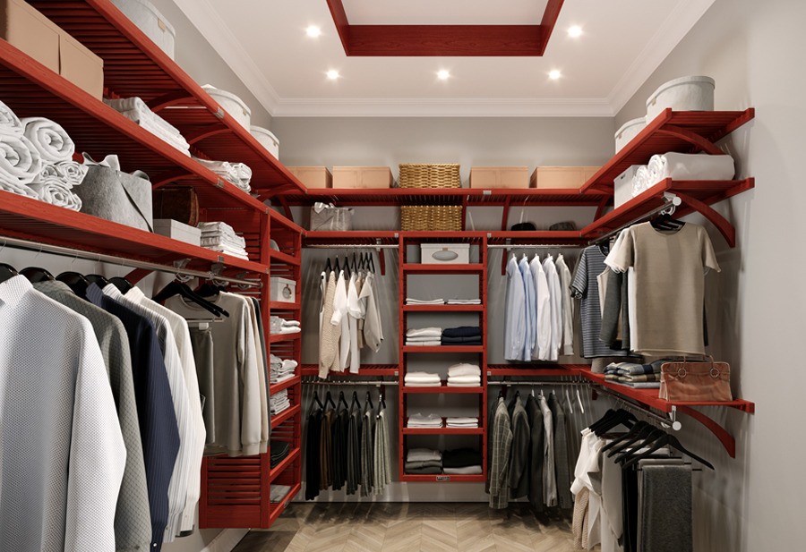 Well-organized walk-in closet with clothes, shoes, and accessories on shelves, hanging rods, and drawers