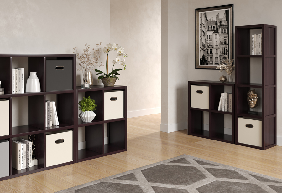 Living room with rug, shelves, and storage cubes filled with decor items and fabric storage bins