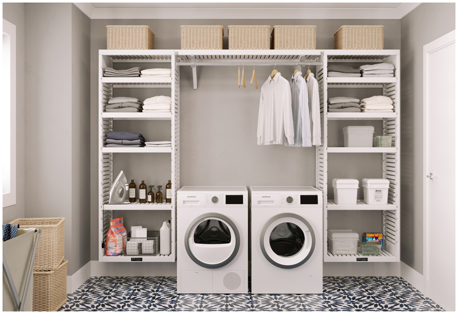 A laundry room with a white washing machine and dryer surrounded by John Louis Home storage towers and shelves holding cleaning supplies and clothes