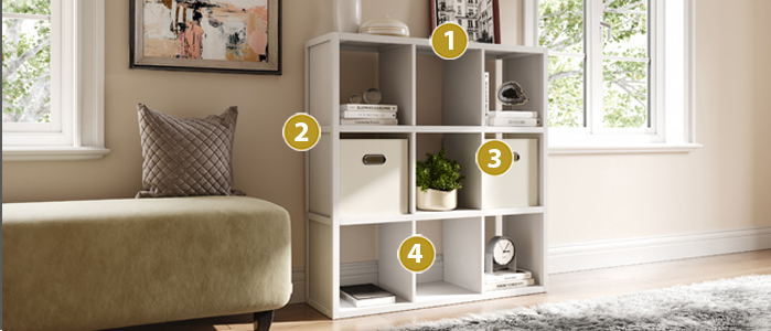 John Louis Home wood cube storage furniture with numbered features highlighting features